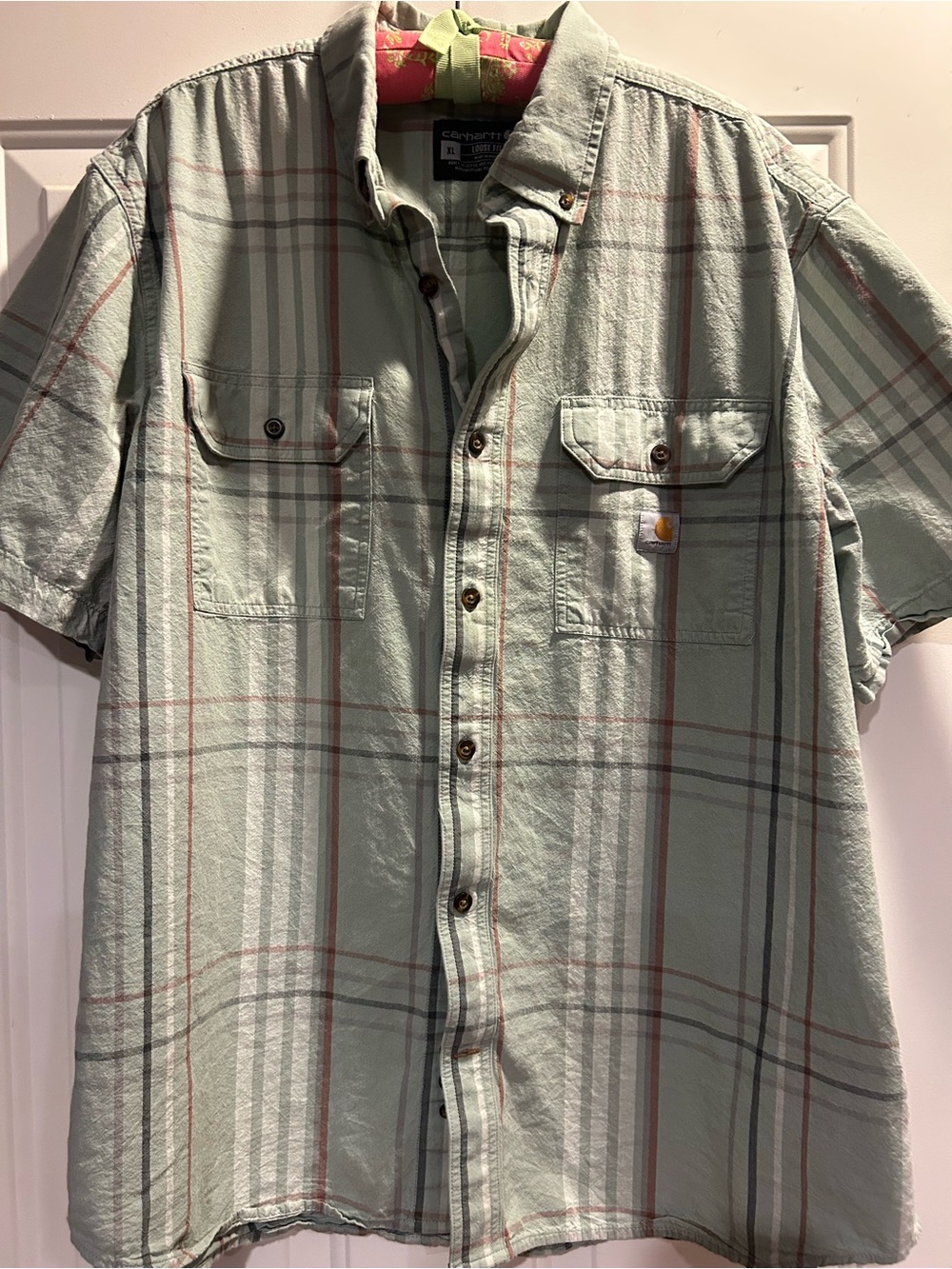 XL Carhartt Men's Short-Sleeve Plaid Button-Down Shirt. Light Green